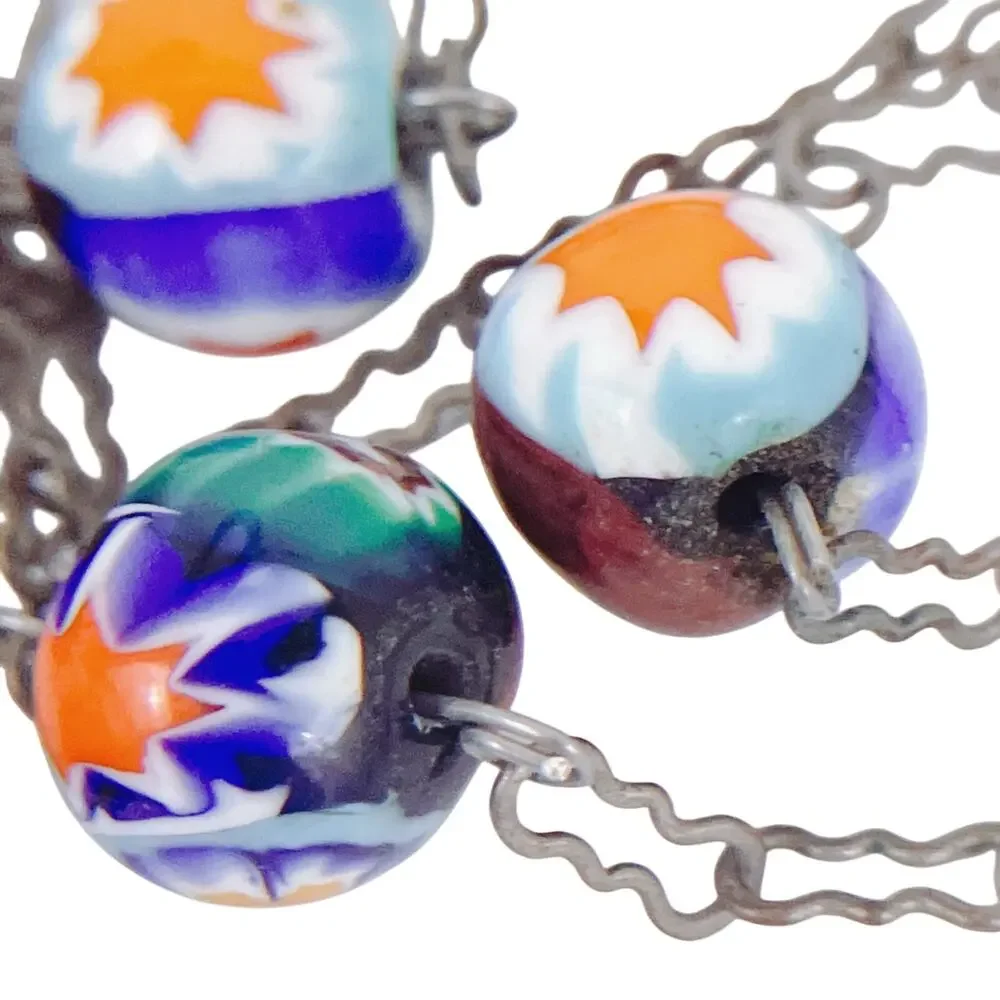 VTG 1950s 60s Millefiori Glass Bead Necklace Long Opera Silver Tone 54